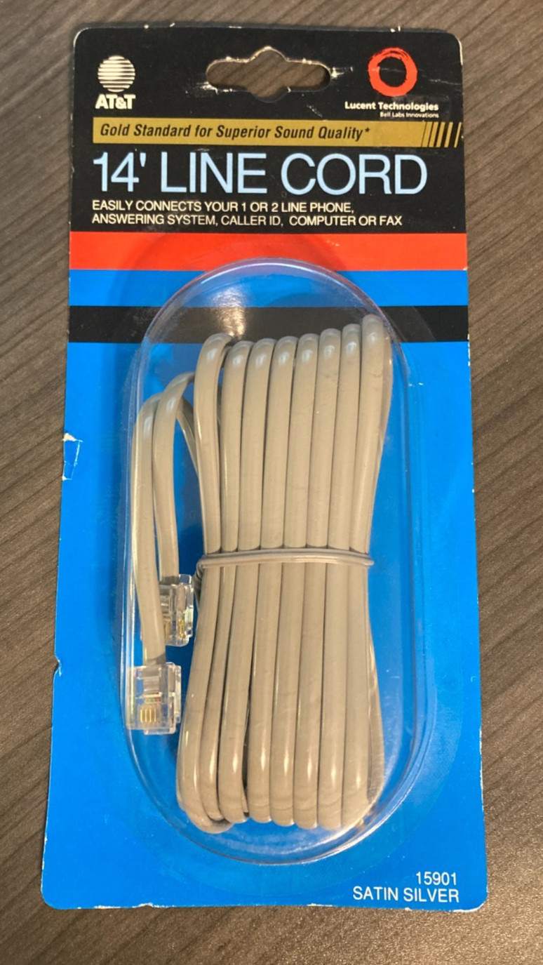 AT&T 14′ Line Cord Telephone Cable Wall to Phone Silver Satin Landline RJ-11
