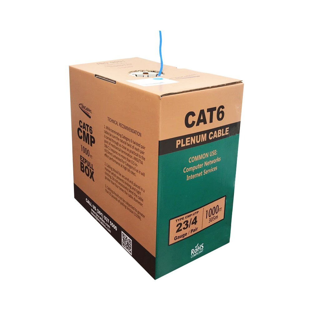 Cat6 Plenum (CMP) Cable 1000ft 23AWG, DTX-1800 Solid 550Mhz 10Gigabit UTP Blue