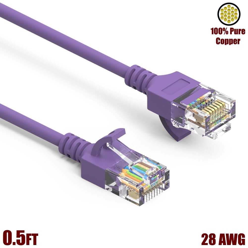 0.5FT Cat6A RJ45 SLIM Ethernet LAN Network UTP Patch Cable Copper 28AWG Purple