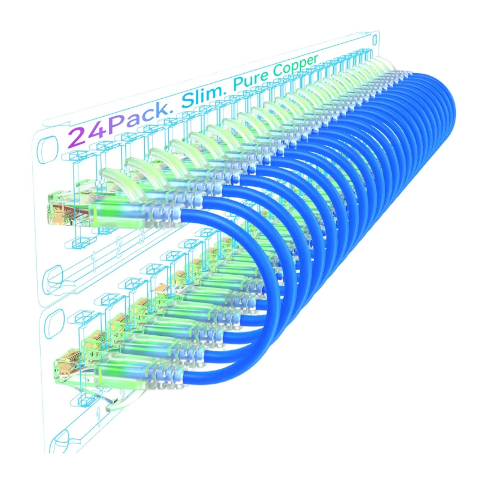 Sokqovt Cat6a Slim Patch Cables 0.5ft 24 Pack Blue 28AWG 10G 550MHz Pure Copper