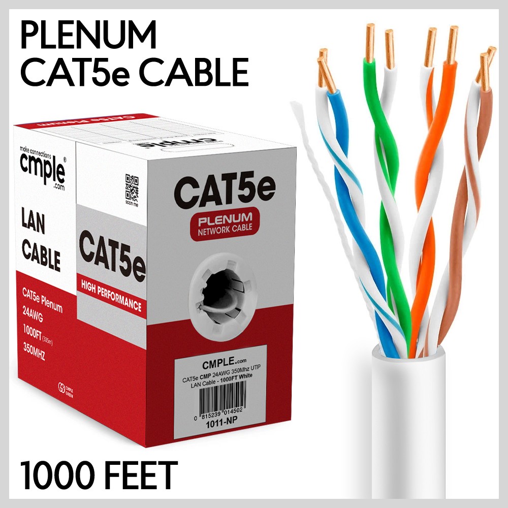 Cat5e Ethernet Cable 1000ft Plenum CMP Solid 24AWG UTP 350MHz Easy Pull White