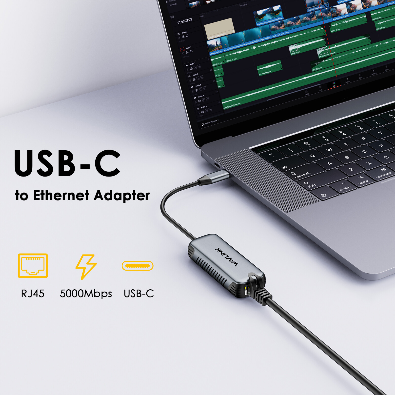 Wavlink USB C to Ethernet Network Adapter 5Gbps Driver-free RJ45 Gigabit
