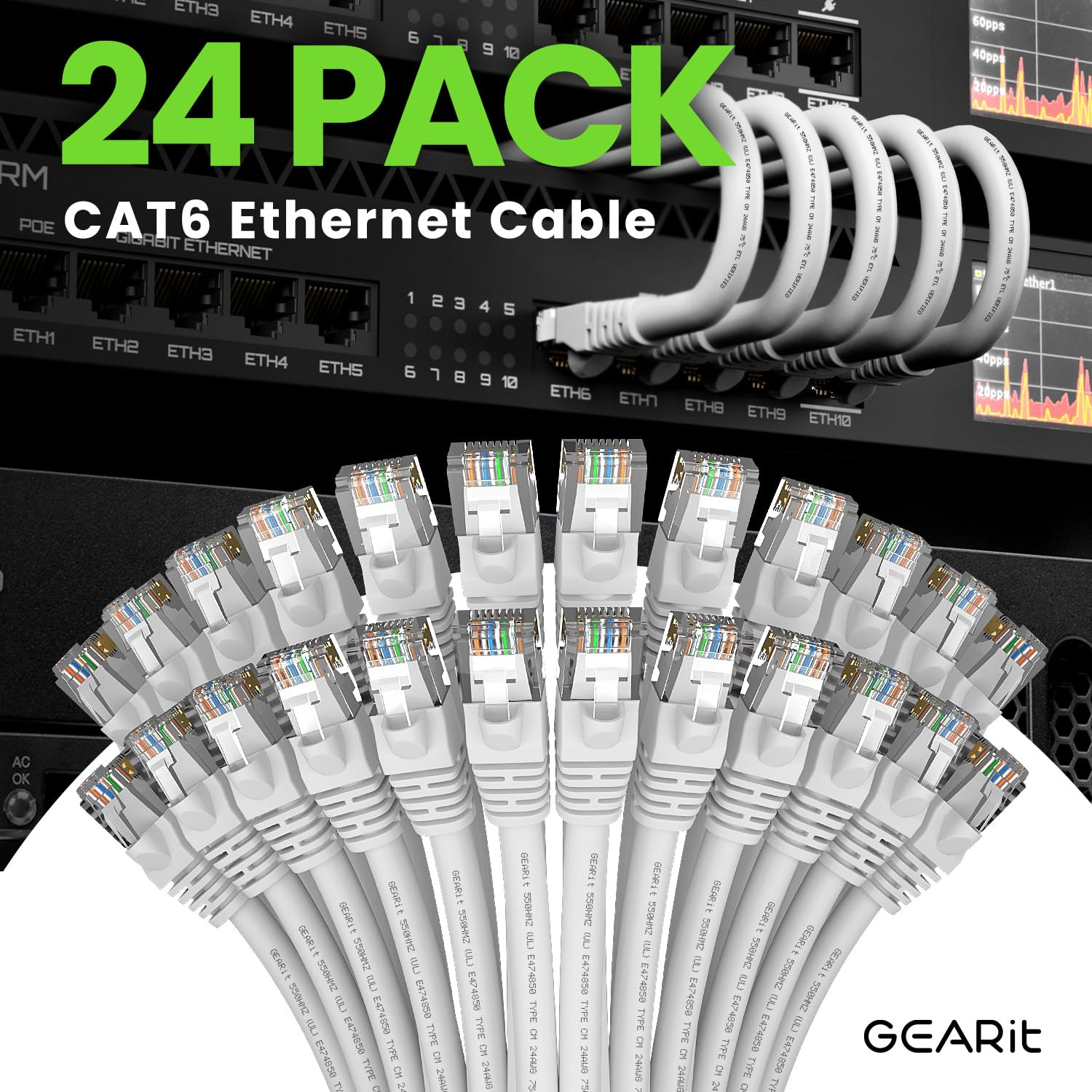 Cat 6 Ethernet Cable (24-Pack 7 Feet) Cat6 Network Patch, 10Gbps, RJ45, Snagless