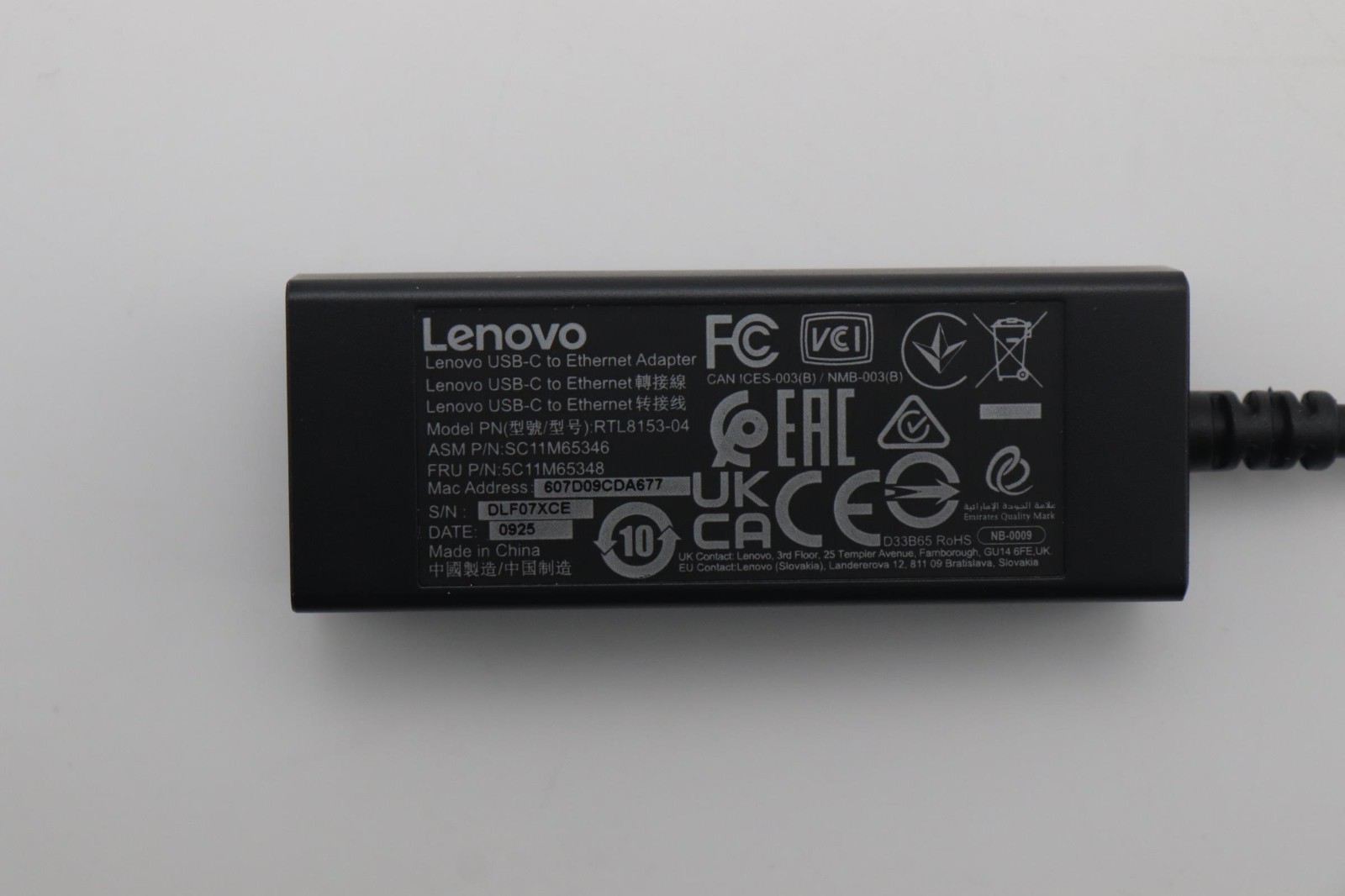 Lenovo Cable USB-C to Ethernet Adapter FRU 5C11M65348
