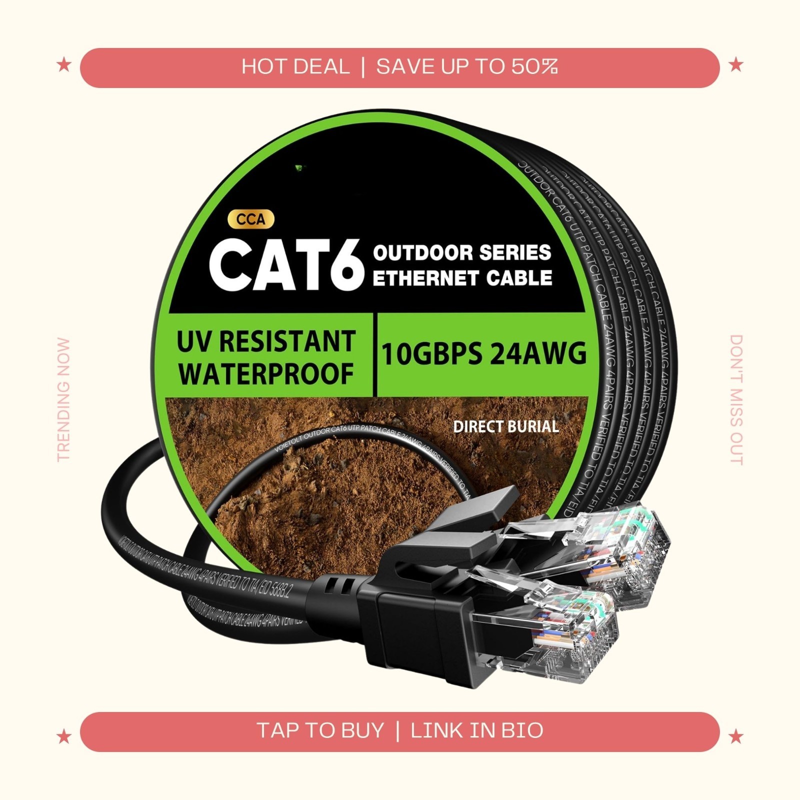 250ft Cat6 Outdoor Ethernet Cable 10Gbps Waterproof Direct Burial UTP CCA 24AWG