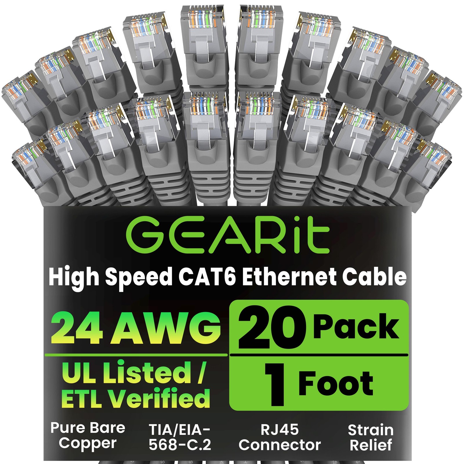 GEARit Cat 6 Ethernet Cable (20-Pack 1 Foot) Cat6 Network Patch, 10Gbps, RJ45…