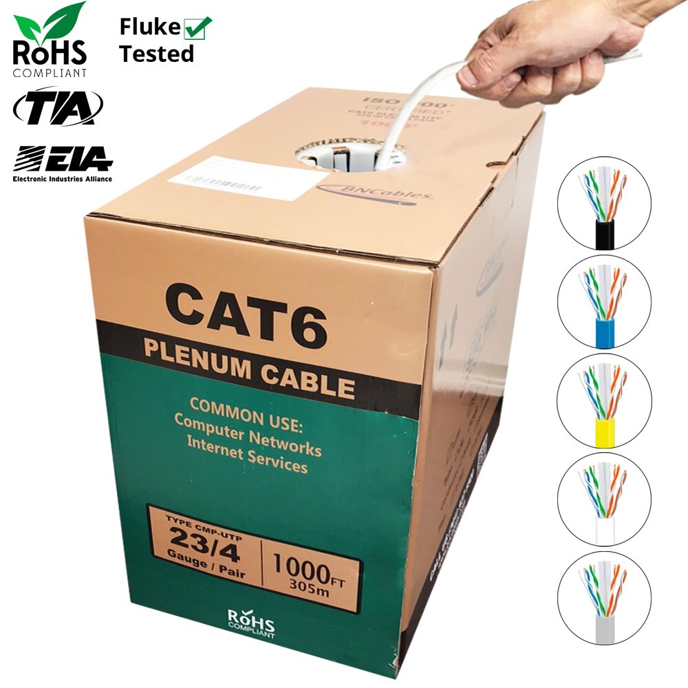 Cat6 Plenum (CMP) Cable 1000ft 23AWG, DTX-1800 Solid 550Mhz 10Gigabit UTP White