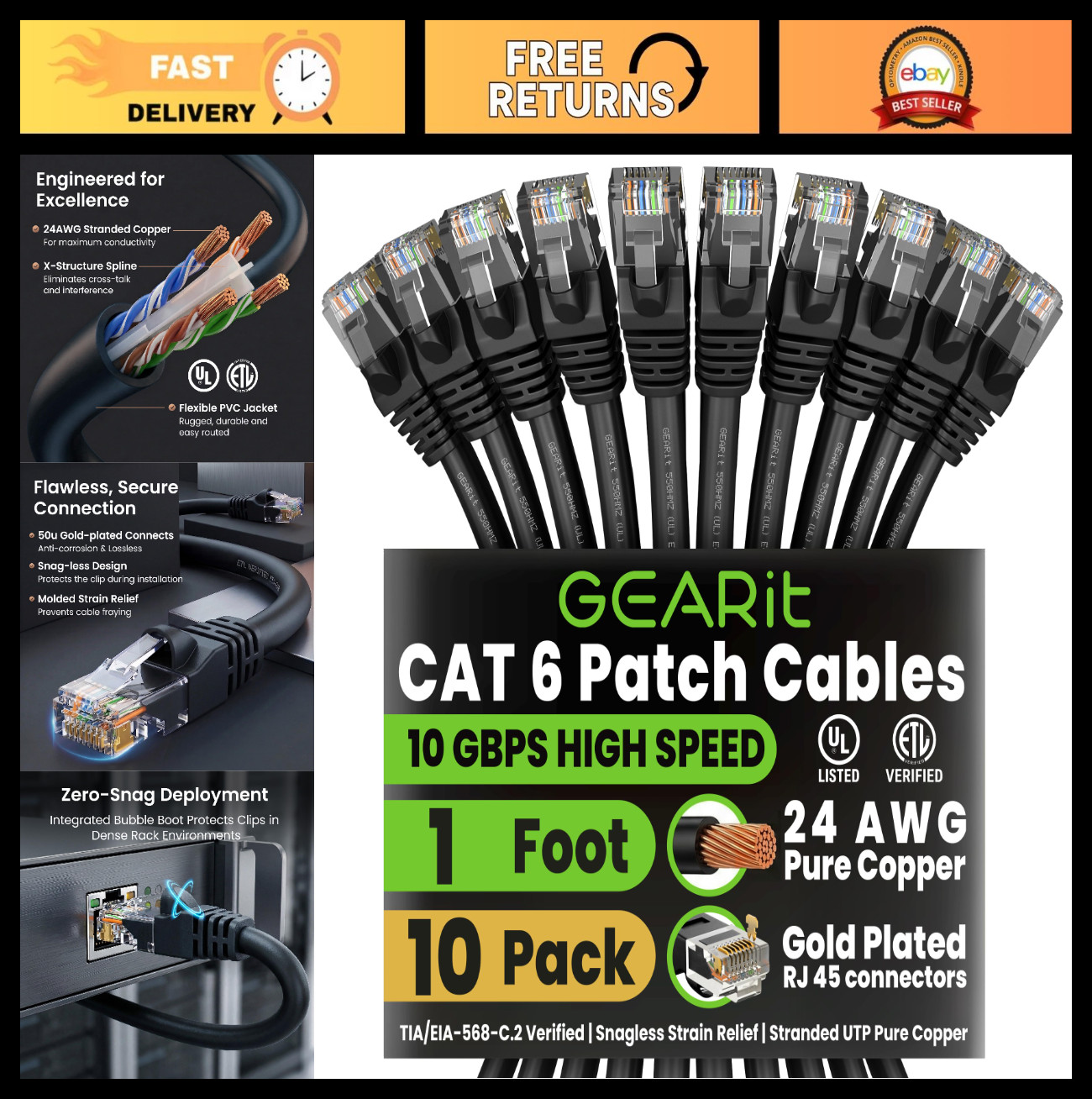 Cat 6 Ethernet Patch Cable 1ft Black (10 Pack) – 10Gbps, 550MHz, Snagless, RJ45