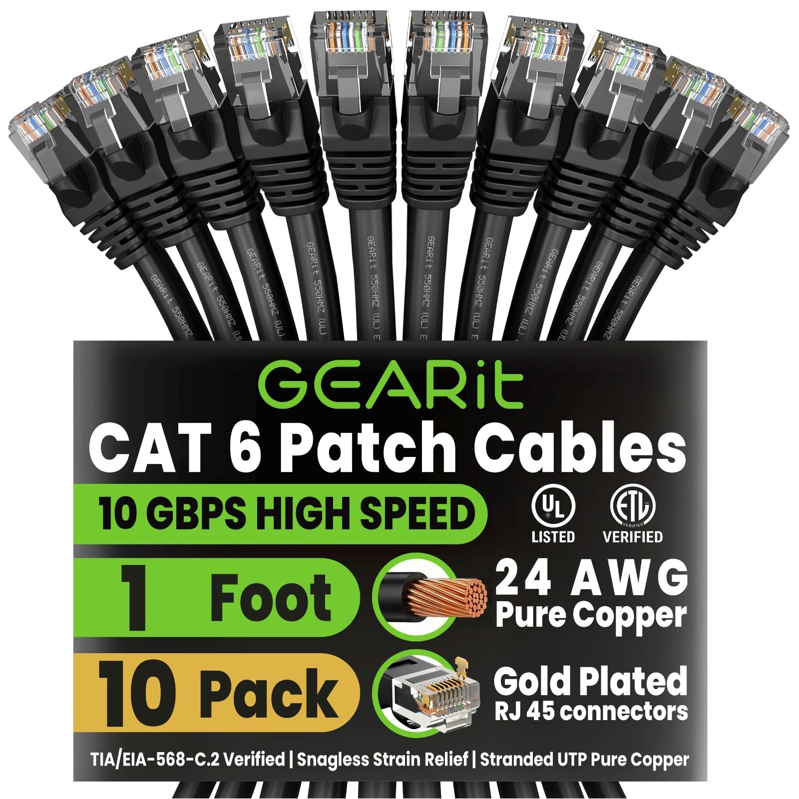 Cat 6 Ethernet Patch Cable 1ft Black (10 Pack) – 10Gbps, 550MHz, Snagless, RJ45