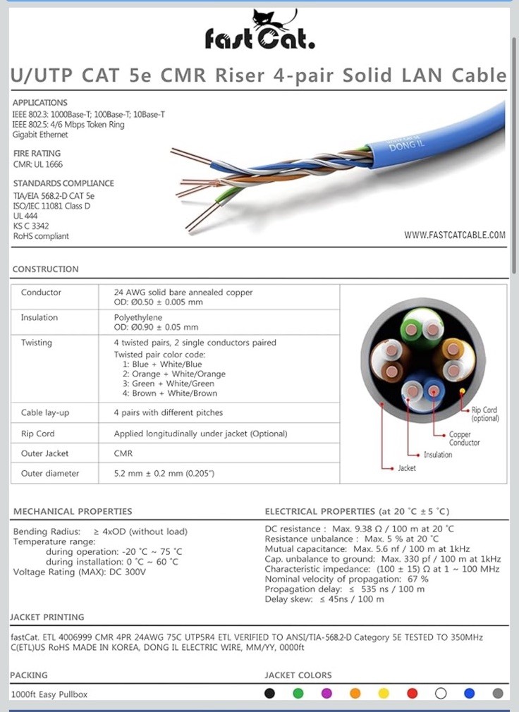 CAT5e Plenum CMP 350MHz Ethernet Cable Black 1000FT – 24 AWG SOLID BARE COPPER