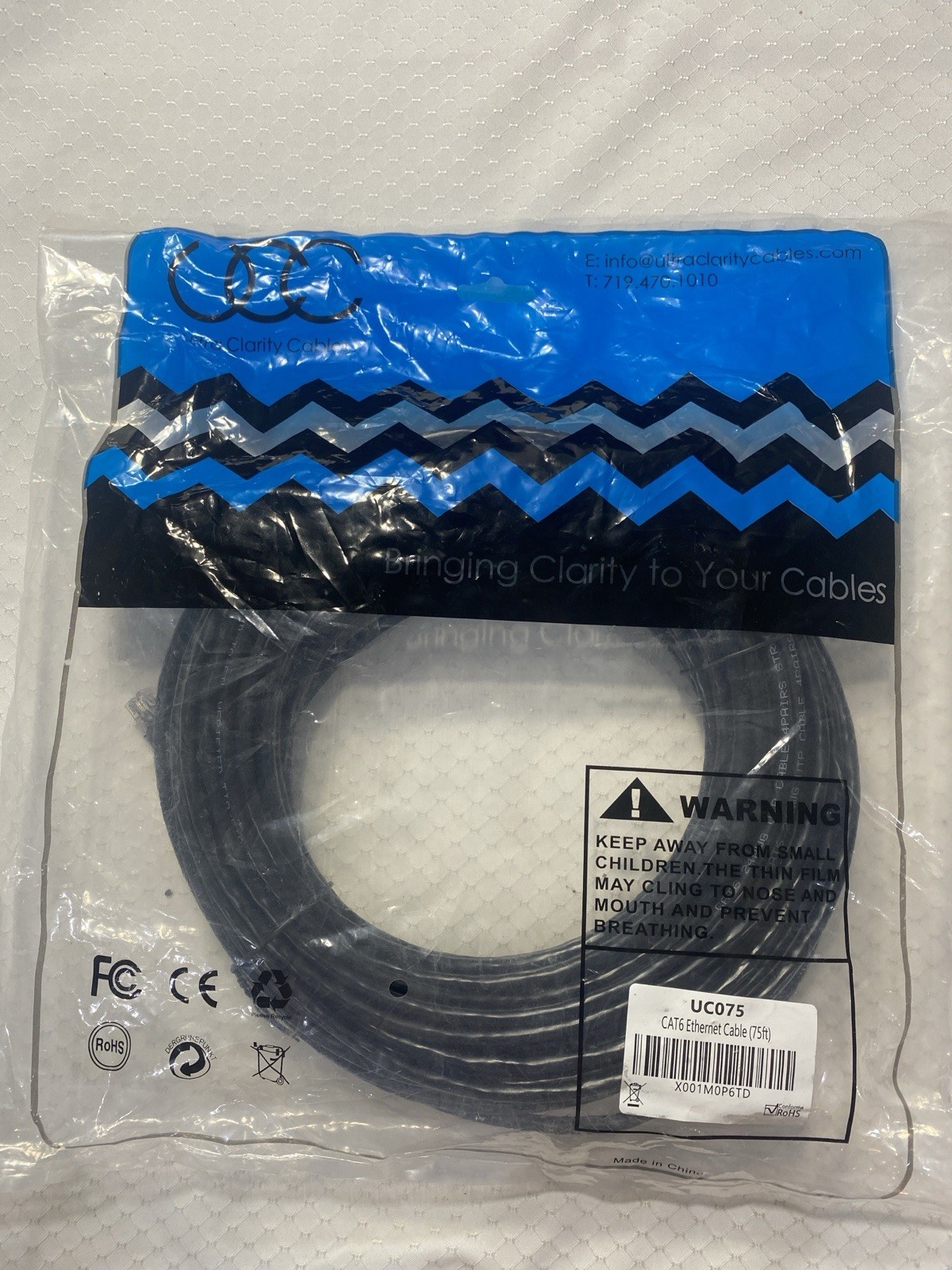 Clarity Cables UC075 Cat6 Round Ethernet Cable 75 ft Black RJ-45 to RJ-45