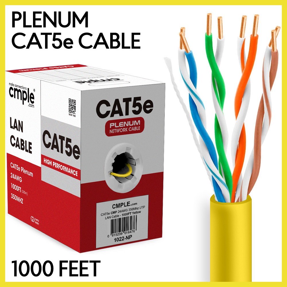 Cat5e Bulk Ethernet Cable 1000ft CMP Plenum Solid 24AWG UTP Pull Box Yellow
