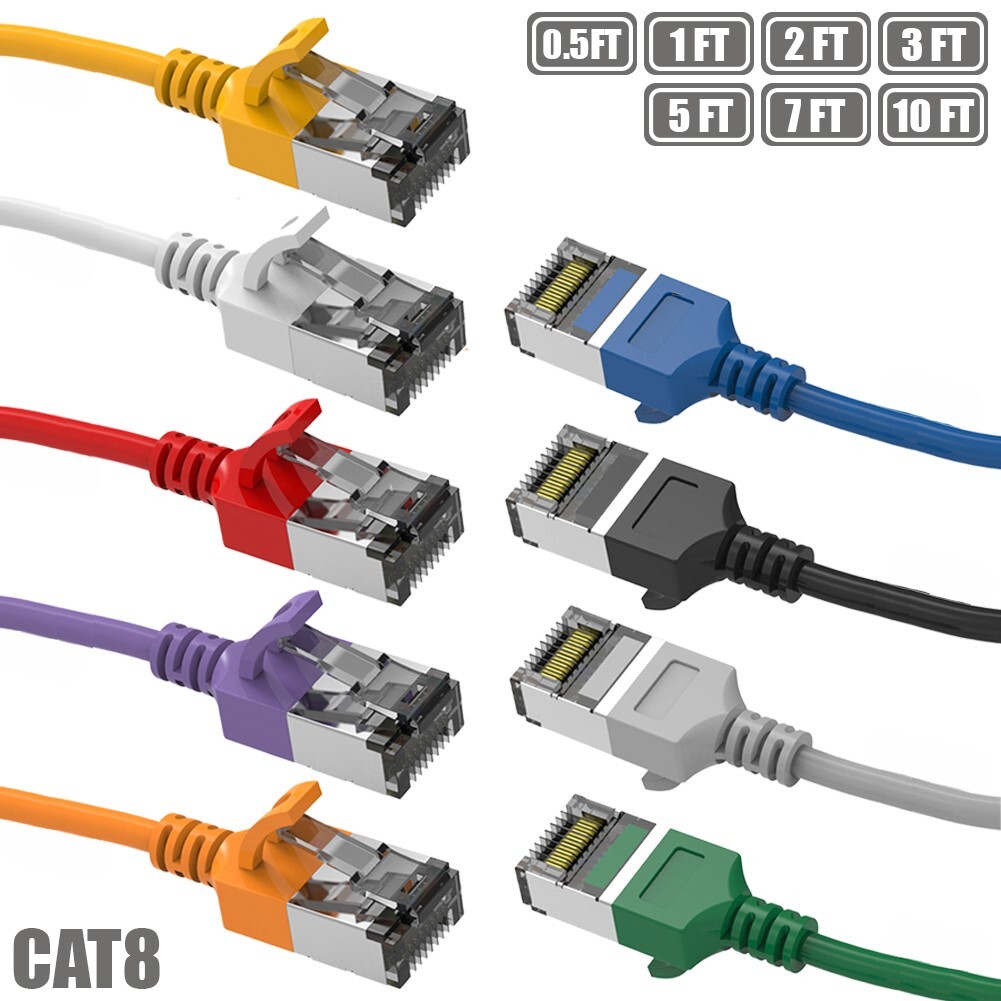 0.5 – 10FT Cat8 RJ45 Network LAN Ethernet Shielded Patch Cable Slim Cord 30AWG