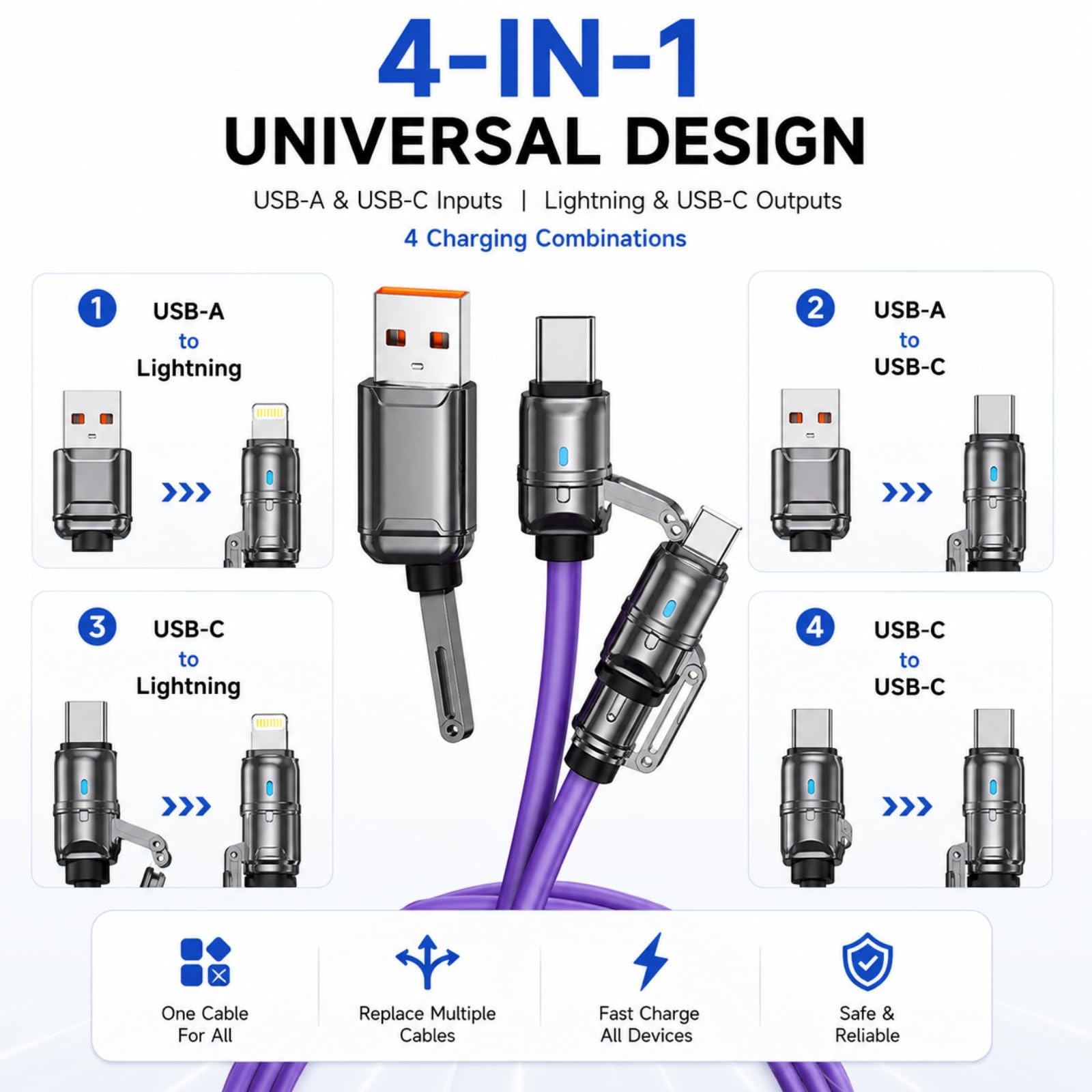 240W 4 in 1 USB Charging Cable Multi Fast Charge Compatible Universal Grey