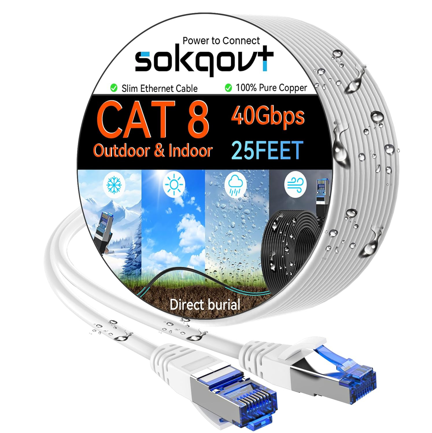 Cat 8 Ethernet Cable Slim 25Ft Outdoor, Pure Copper Cat8 Internet Cable for Wate