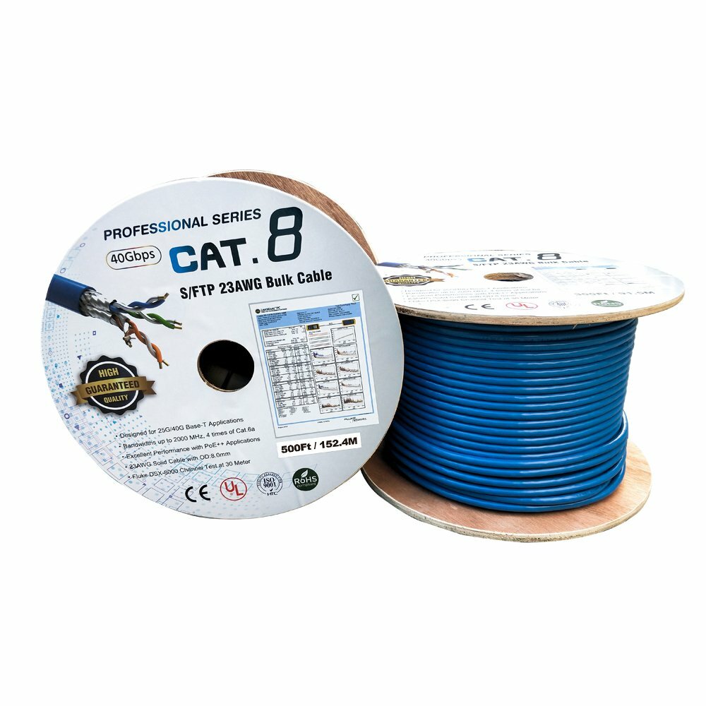 500FT CAT8 40Gbps 23AWG Network LAN Ethernet S/FTP Shielded Cable Wire Solid Blu