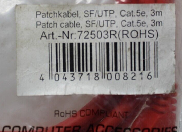 NEW SEALED InLine® ART-Nr: 72503R (ROHS) SF/UTP Patch Cable Cat 5e 3m