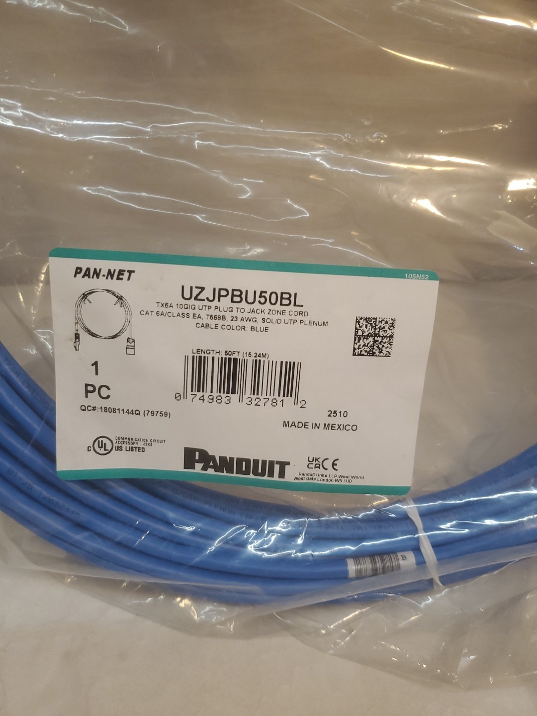 Panduit Cable Assembly UZJPBU50BL Category 6A, UTP, Solid, Plenum, Blue, 50 ft.