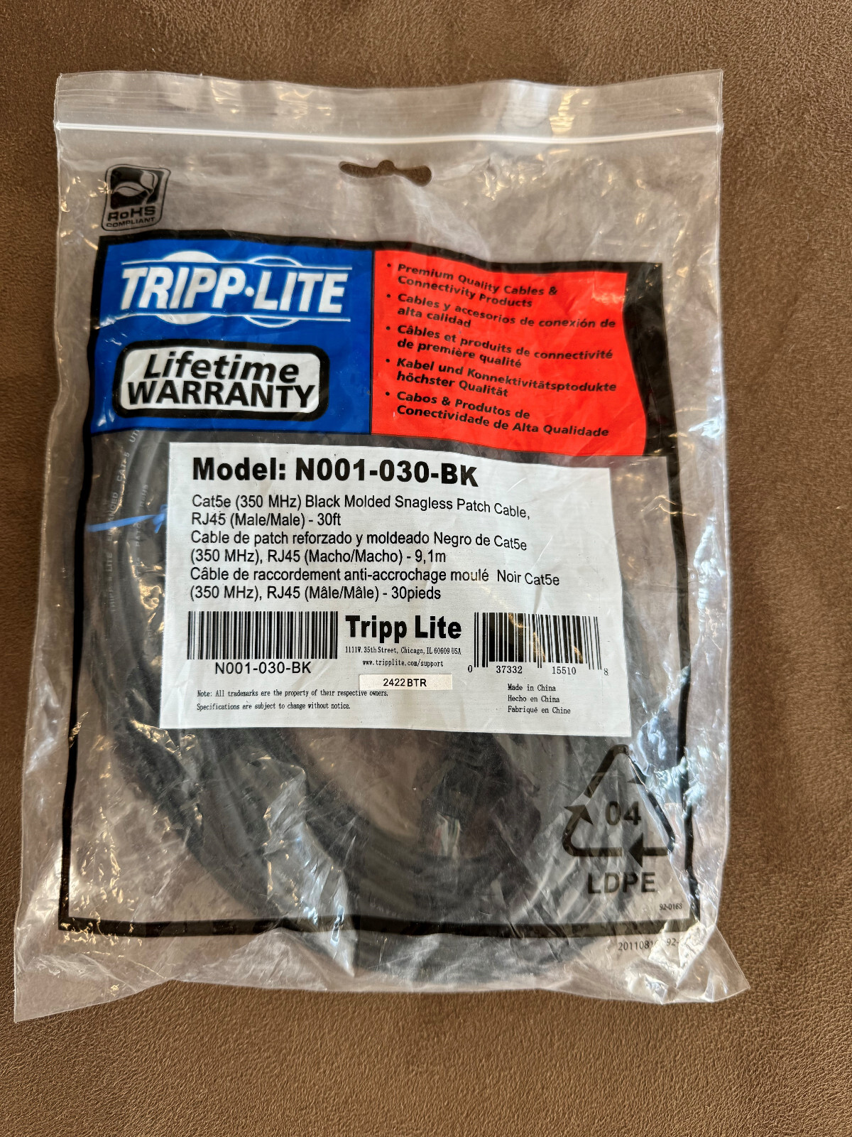 (1) Tripp Lite 30ft Cat5e / Cat5 Snagless Molded Patch Cable RJ45 M/M Black 30′