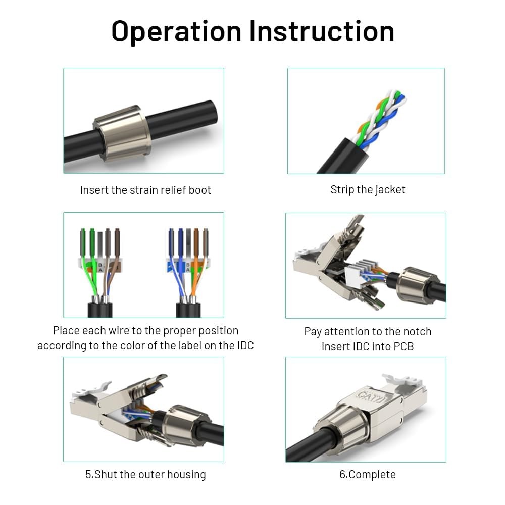 Cat7 Cat6A RJ45 Connector 6-Pack, Tool-Free Zinc Alloy Shielded Ethernet Term…
