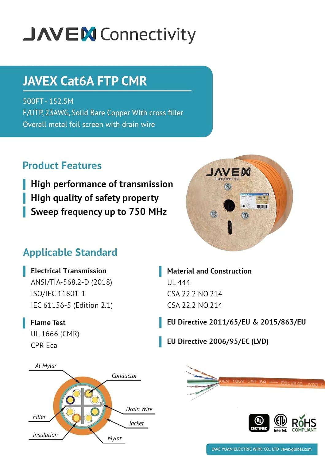 New – JAVEX CAT 6A Ethernet Cable 500ft Shielded FTP [UL Listed] CMR (Orange)