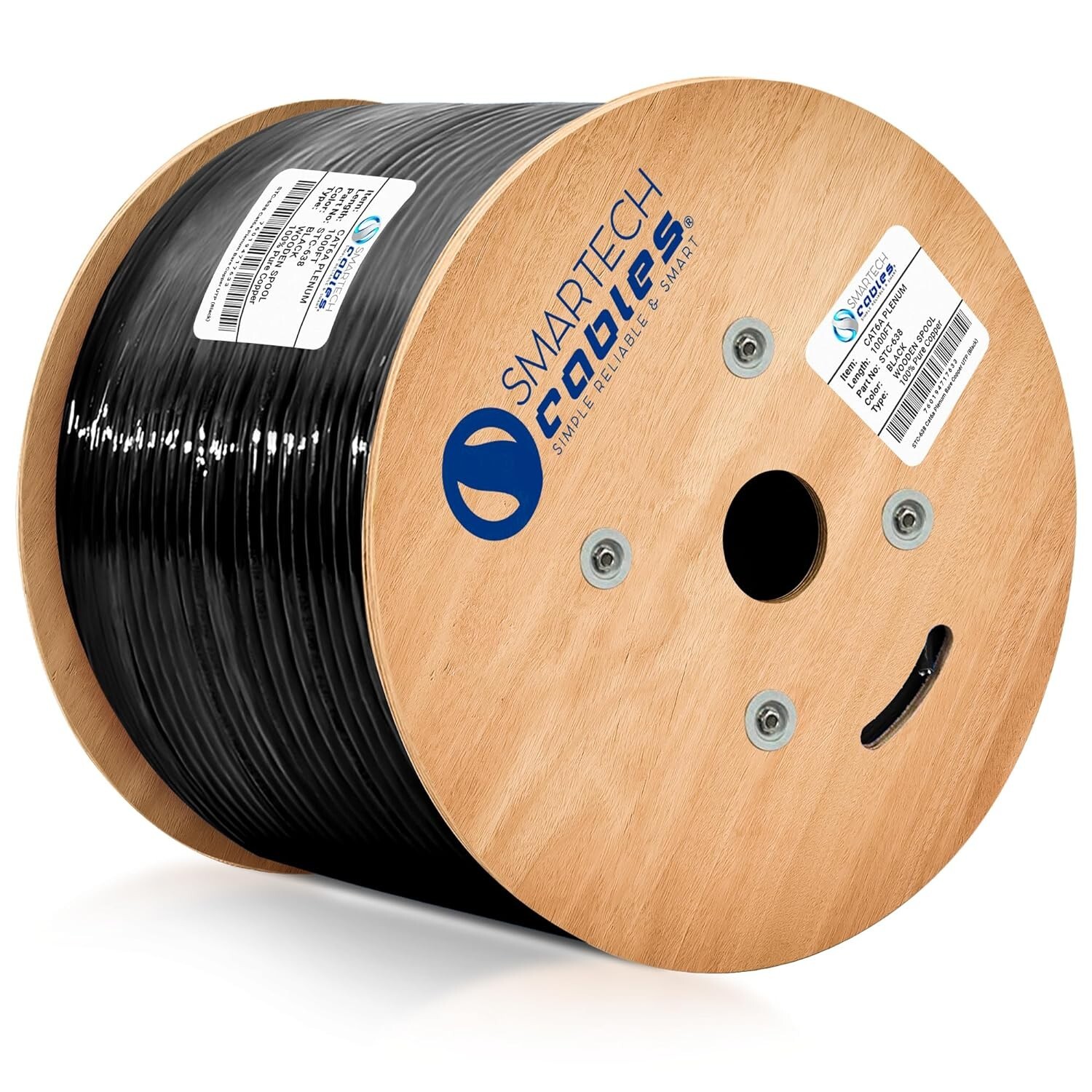 Cat6A Plenum 1000ft Bulk Solid Bare Copper UTP 750MHz 23AWG Ethernet Cable Black