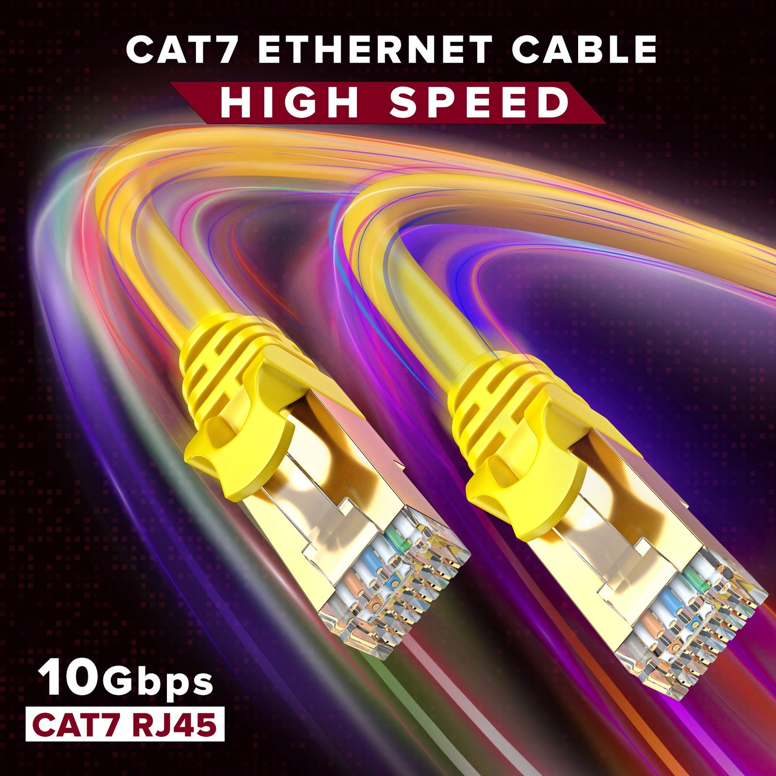 Yellow 100 ft Cat7 Ethernet Cable, Flat, 10Gbps, 600MHz, RJ45, LAN, Modem