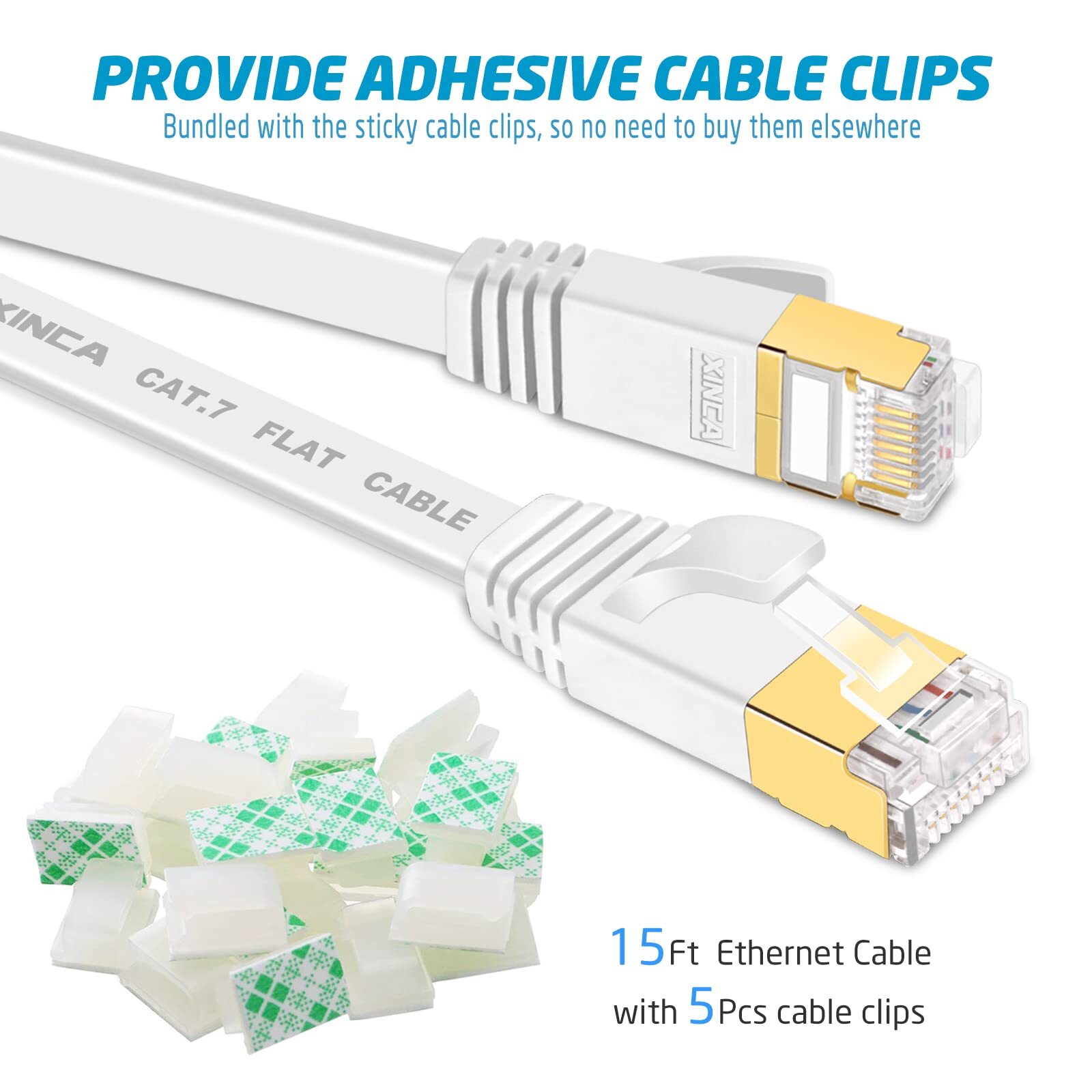Cat 7 Flat Ethernet Cable 15ft White High Speed 10gb Shielded stp Lan Internet