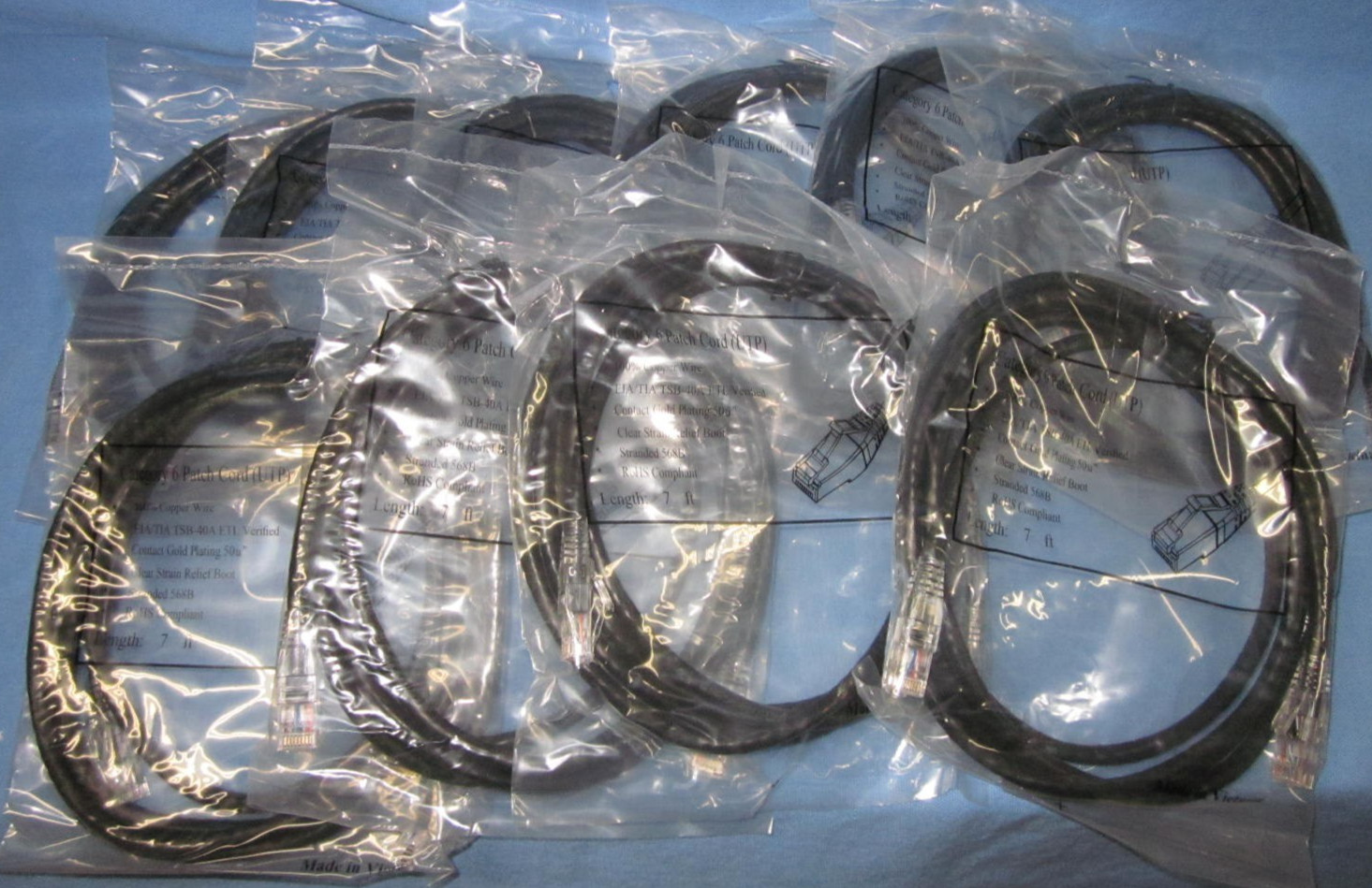 10 Cat6 Black Patch Cords (UTP) Clear Strain Relief Boot, Stranded 568B