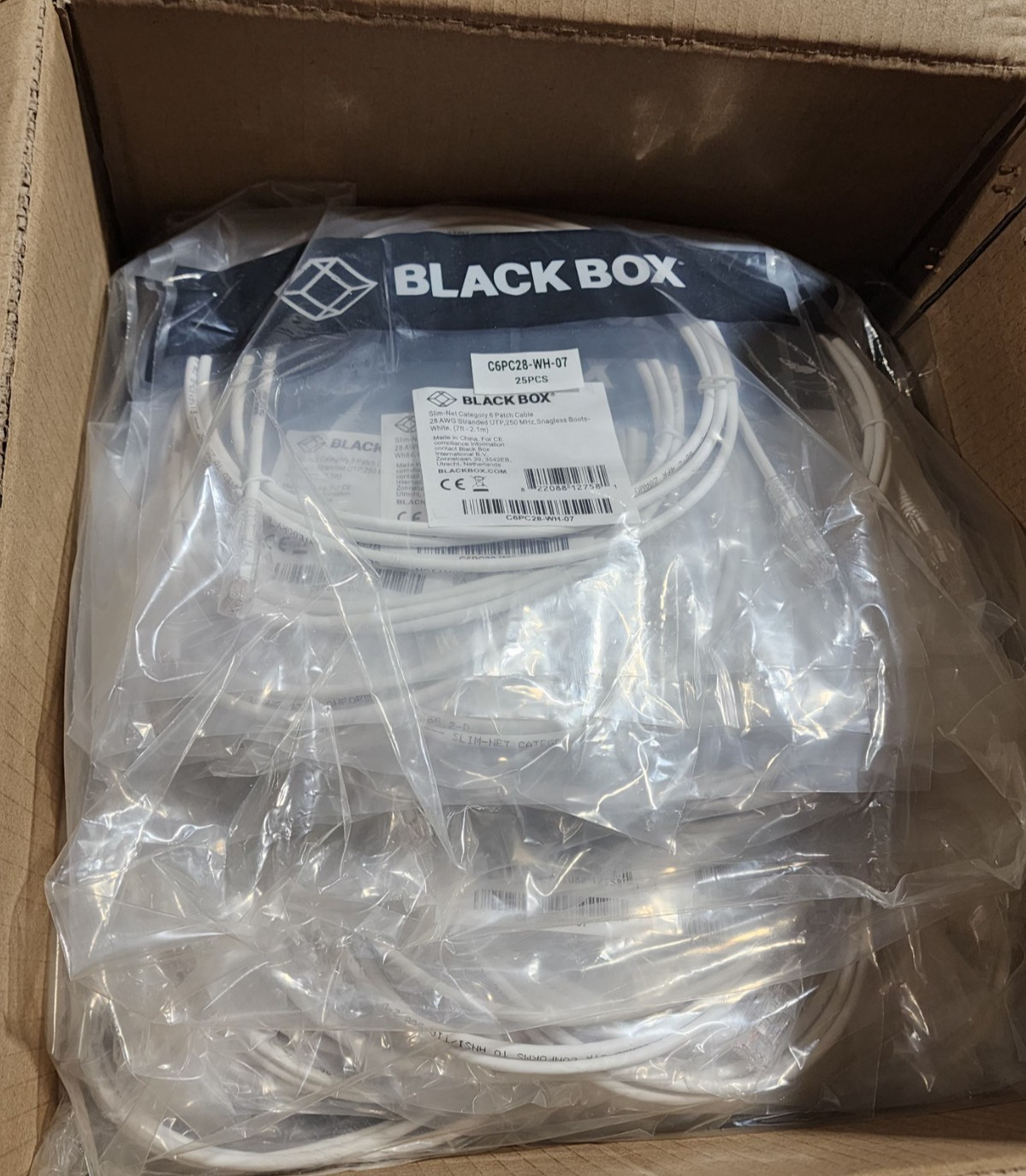 50 Pack 7ft White Black Box Slim-Net Cat 6A Patch Cable 28AWG UTP Snagless