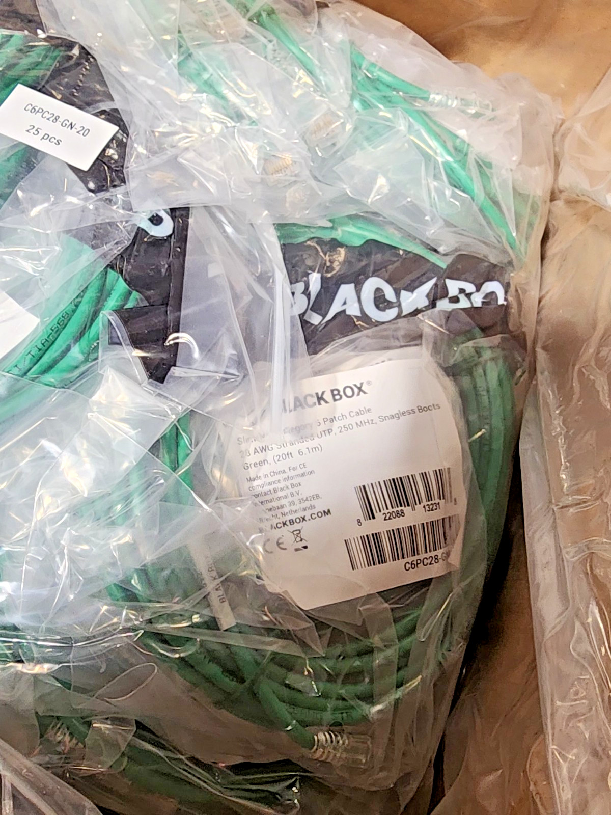 50 Pack 20ft Green Black Box Slim-Net Cat 6A Patch Cable 28AWG UTP Snagless