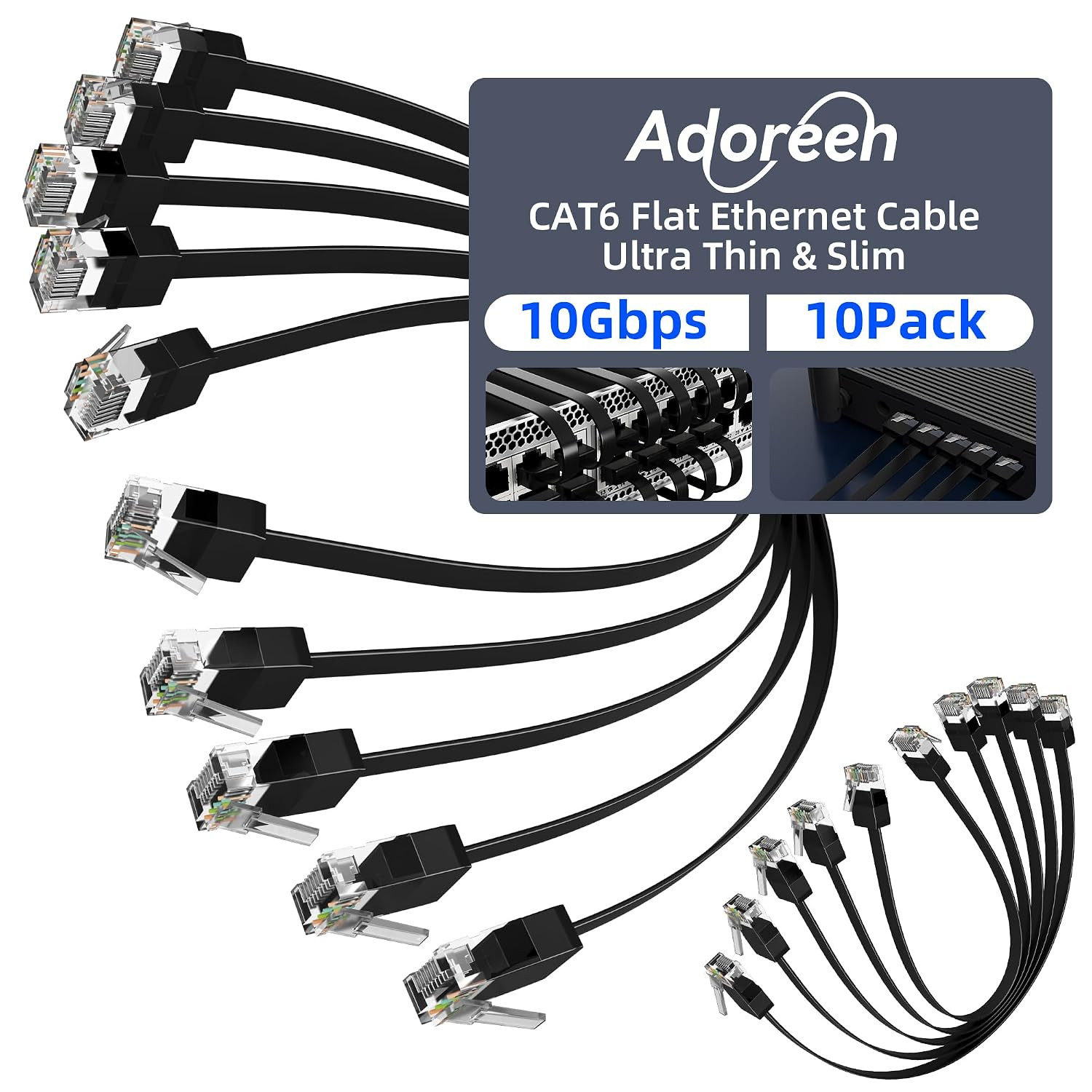 Cat 6 Flat Ethernet Cable 1 Ft/10 Pack, High-Speed Internet Network