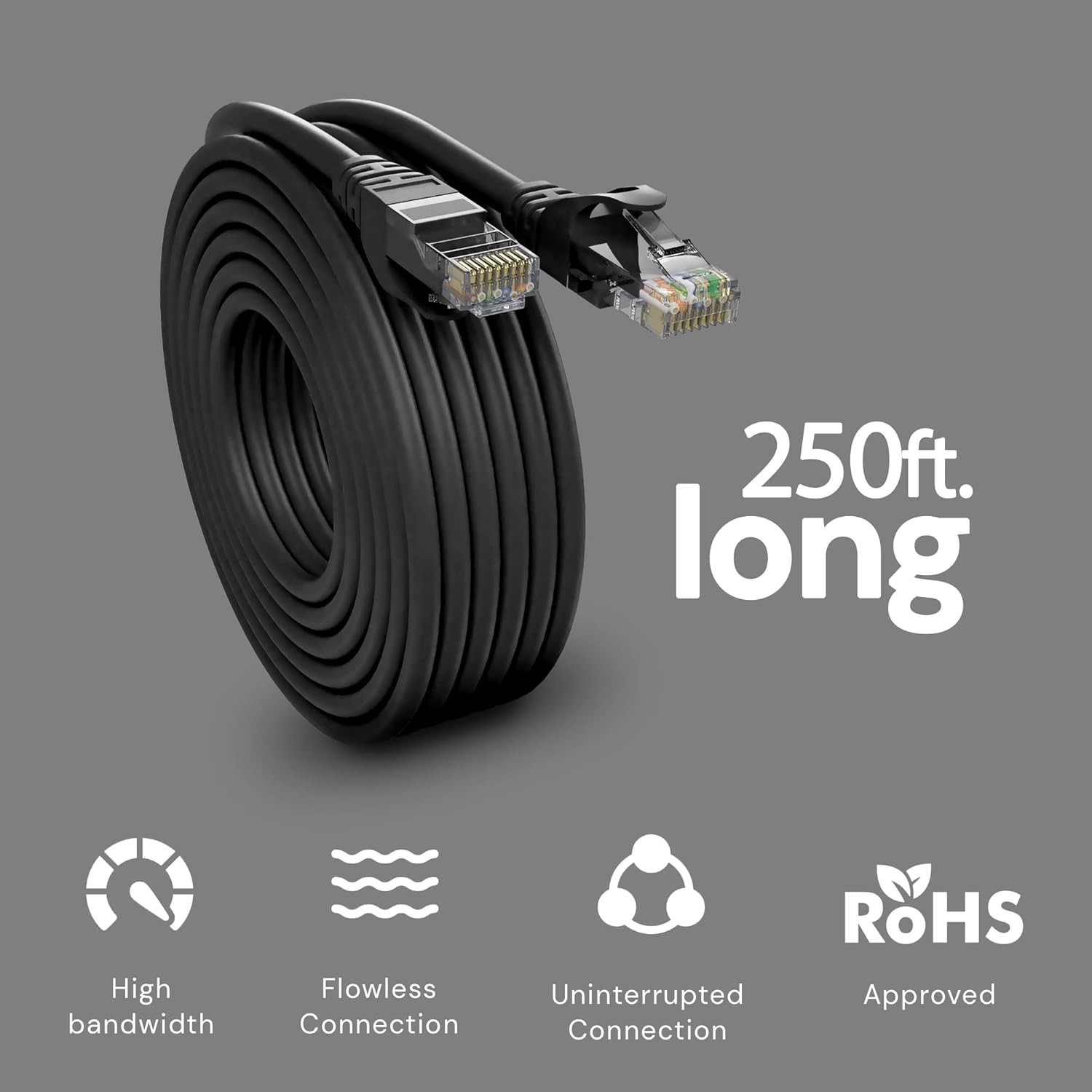 Cat6 Ethernet Cable 250Ft BLACK Outdoor- Indoor Snagless Long Round RJ45 Network