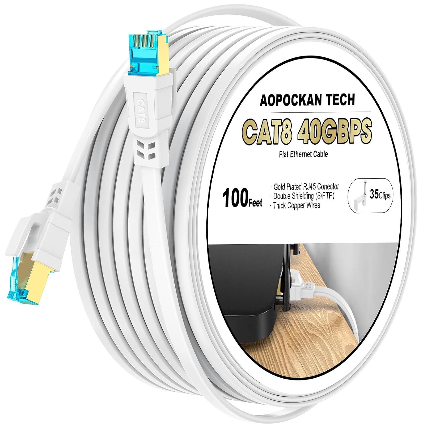 Cat 8 Ethernet Cable 100Ft – 40Gbps Shielded Flat RJ45 for Gaming & Streaming