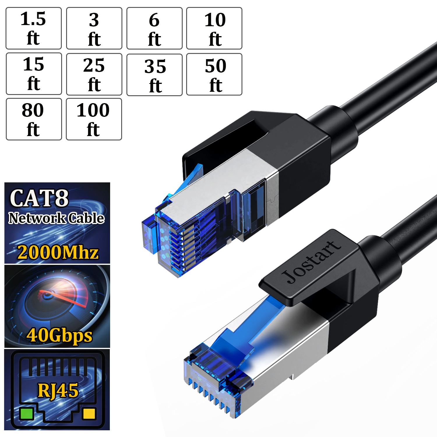 Cat8 RJ45 Ethernet Cable 40Gbps for Gaming PS5 Router Modem High Speed 2000MHz