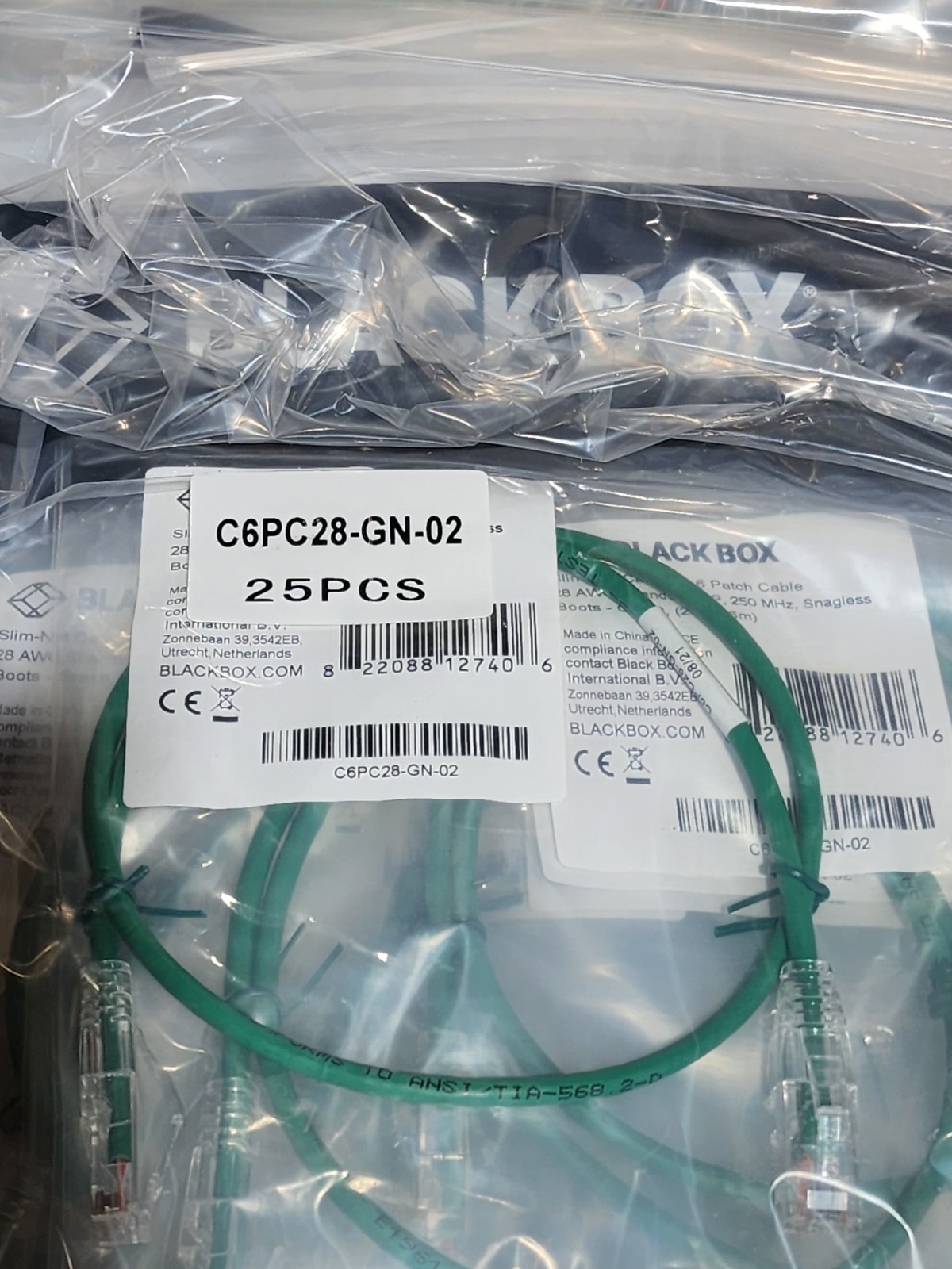 100 Pack 2ft Green Black Box Slim-Net Cat 6A Patch Cable 28AWG UTP Snagless