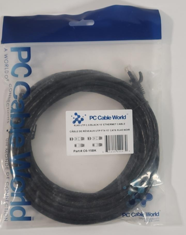 PC Cable World RJ45 UTP 15Ft Ethernet Cable Black (IND)