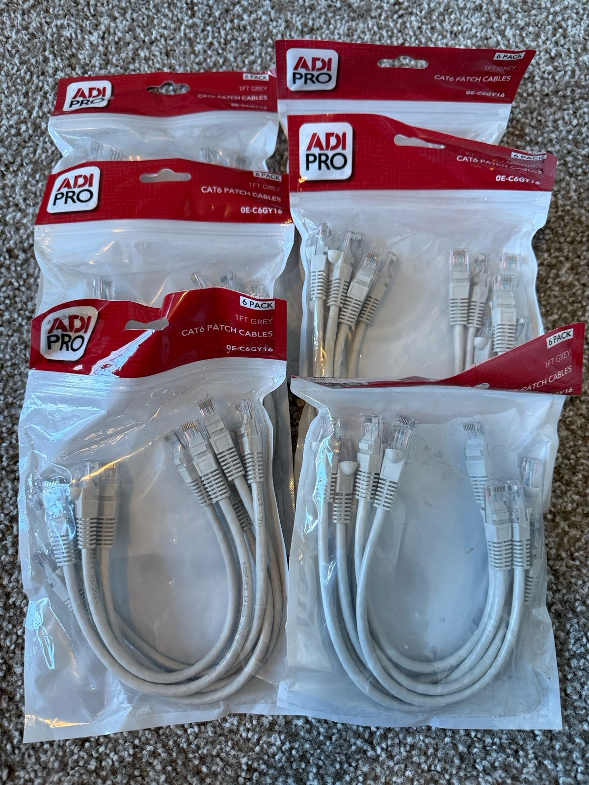 Lot of 6, ADI Pro CAT6 Patch Cables 1FT Grey 0E-C6GY16 6-Pack (36 Total)